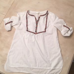 White peasant top with red and navy embroidery